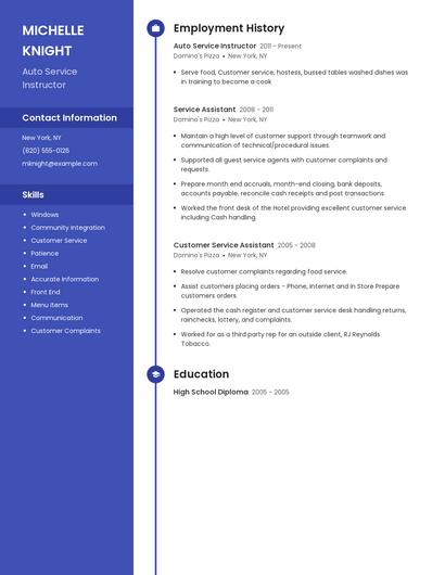 Auto Service Instructor Resume