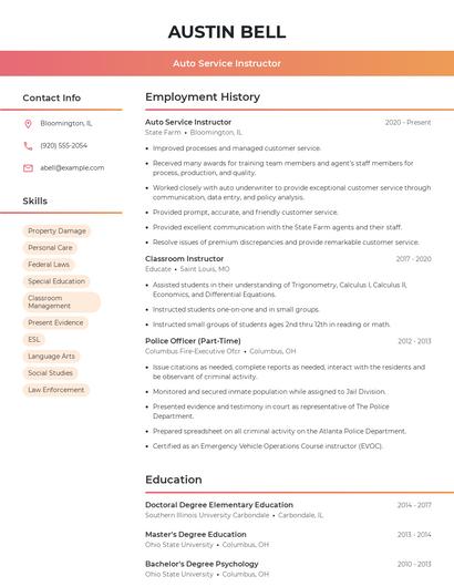 Auto Service Instructor Resume