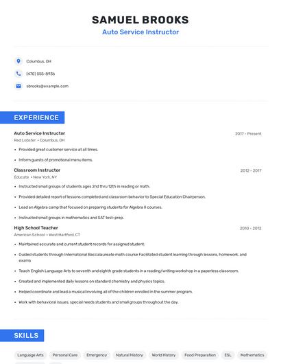 Auto Service Instructor Resume