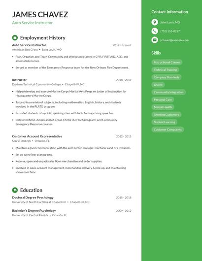 Auto Service Instructor Resume