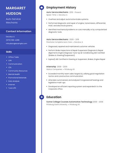 Auto Service Mechanic Resume