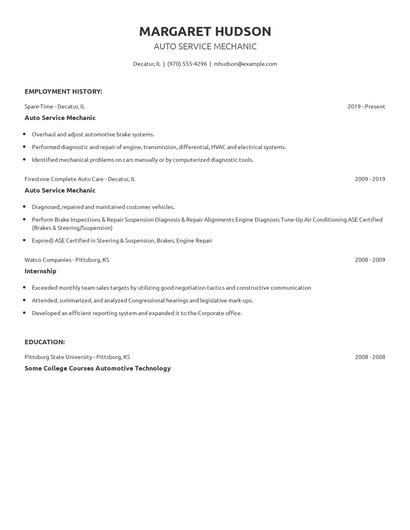 Auto Service Mechanic Resume