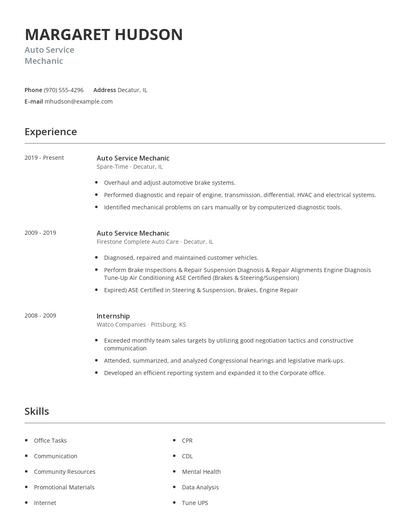 Auto Service Mechanic Resume
