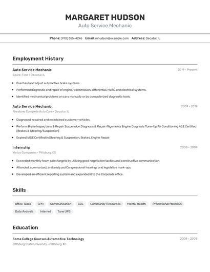 Auto Service Mechanic Resume