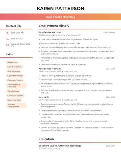 Auto Service Mechanic Resume
