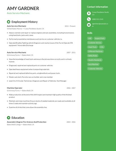 Auto Service Mechanic Resume