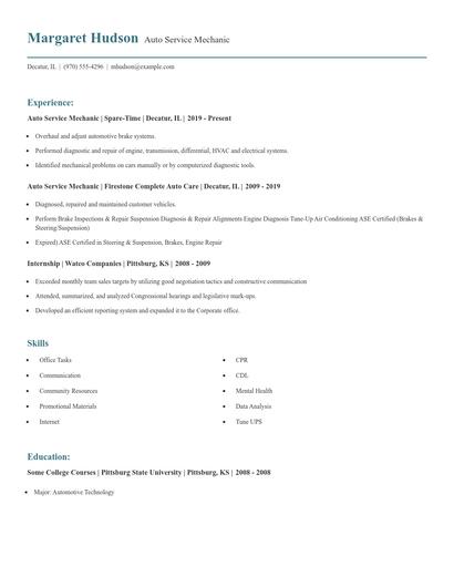 Auto Service Mechanic Resume