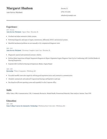 Auto Service Mechanic Resume