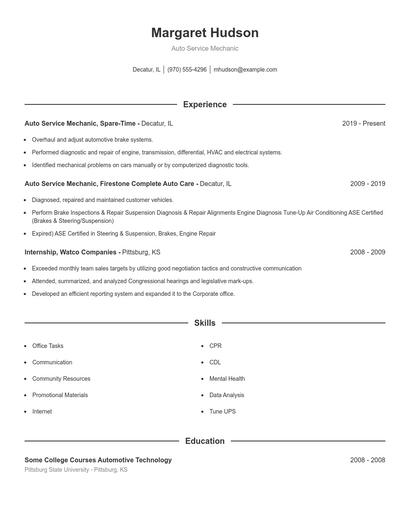 Auto Service Mechanic Resume