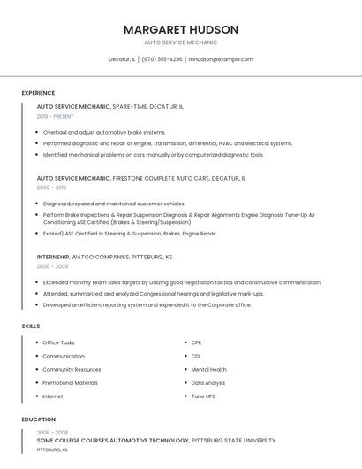 Auto Service Mechanic Resume