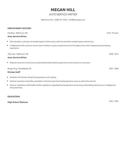 Auto Service Writer Resume