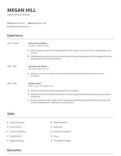 Auto Service Writer Resume
