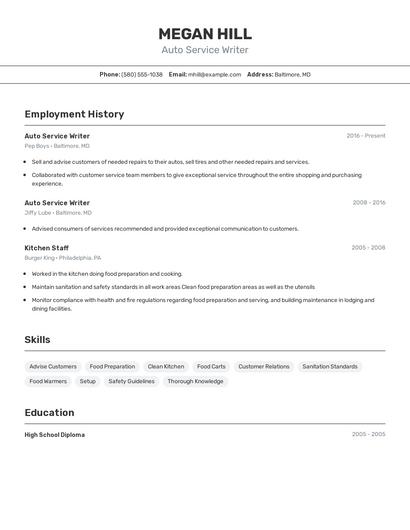 Auto Service Writer Resume