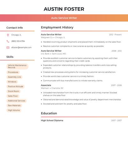 Auto Service Writer Resume