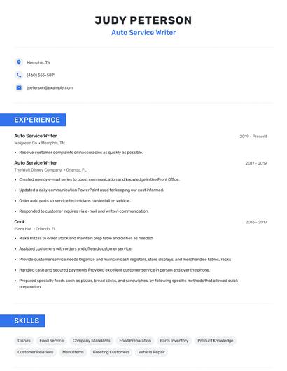 Auto Service Writer Resume