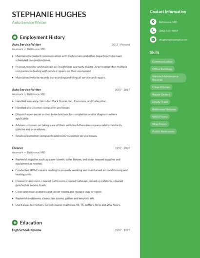 Auto Service Writer Resume