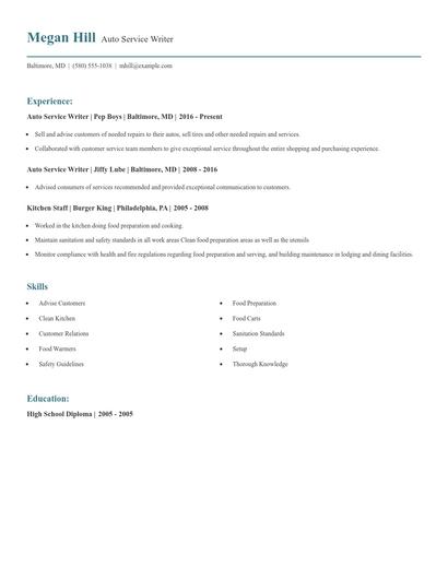 Auto Service Writer Resume