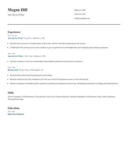 Auto Service Writer Resume