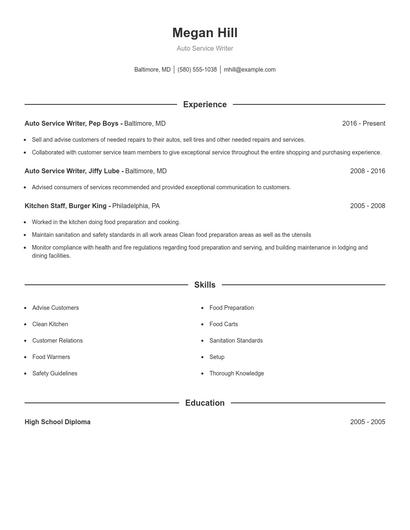 Auto Service Writer Resume