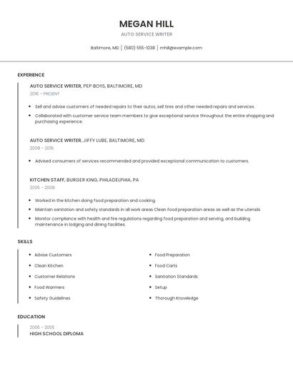 Auto Service Writer Resume