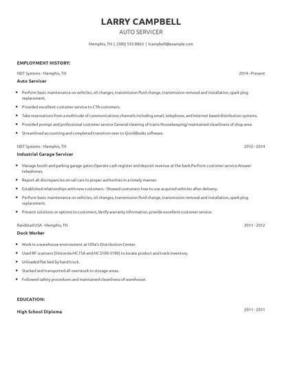 Auto Servicer Resume