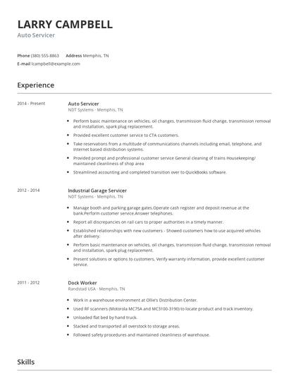 Auto Servicer Resume