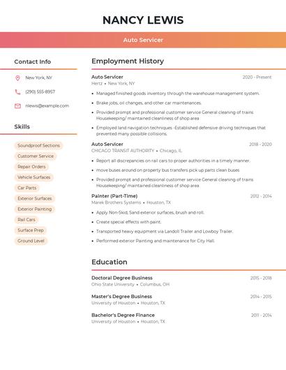 Auto Servicer Resume