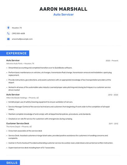 Auto Servicer Resume