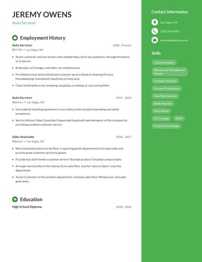 Auto Servicer Resume
