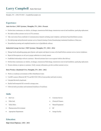 Auto Servicer Resume