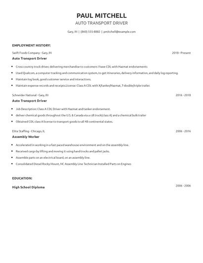 Auto Transport Driver Resume