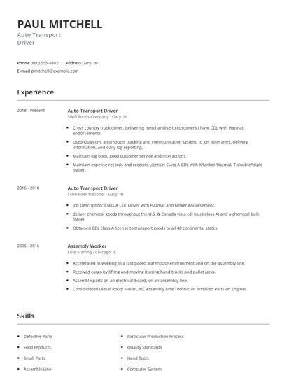 Auto Transport Driver Resume
