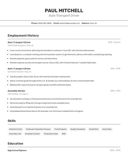 Auto Transport Driver Resume