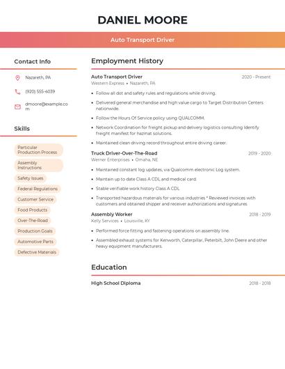 Auto Transport Driver Resume