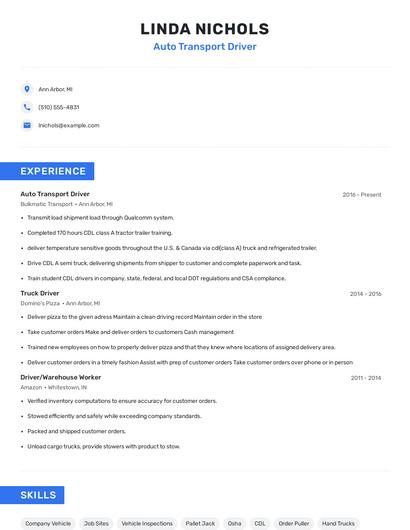 Auto Transport Driver Resume