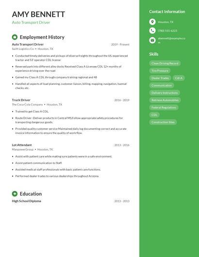 Auto Transport Driver Resume