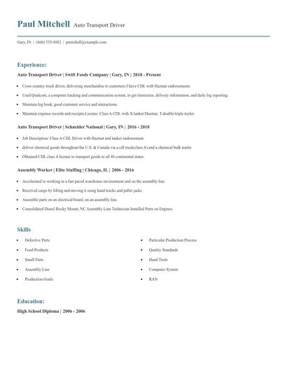Auto Transport Driver Resume