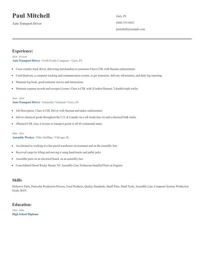 Auto Transport Driver Resume