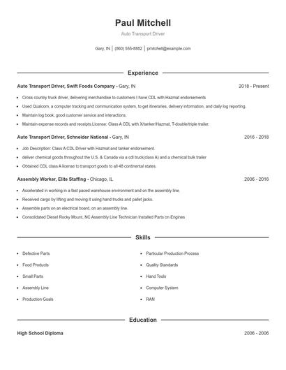 Auto Transport Driver Resume