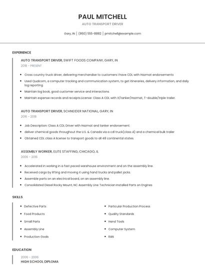 Auto Transport Driver Resume