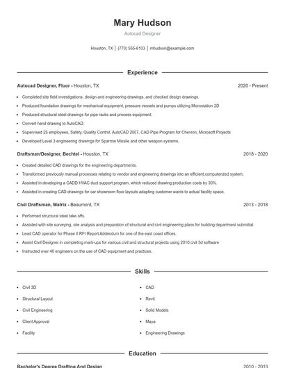 Autocad Designer Resume