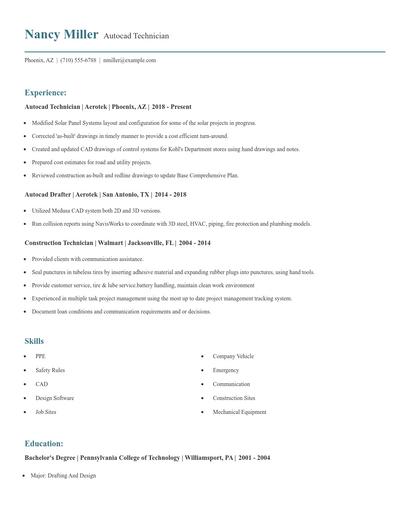 Autocad Technician Resume