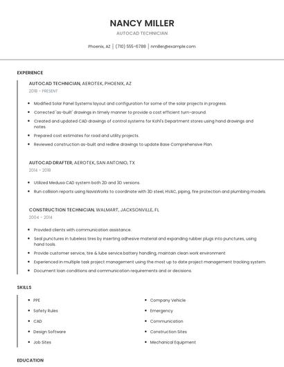 Autocad Technician Resume