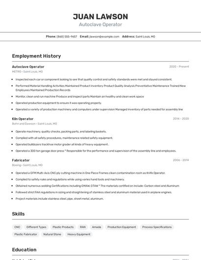 Autoclave Operator Resume