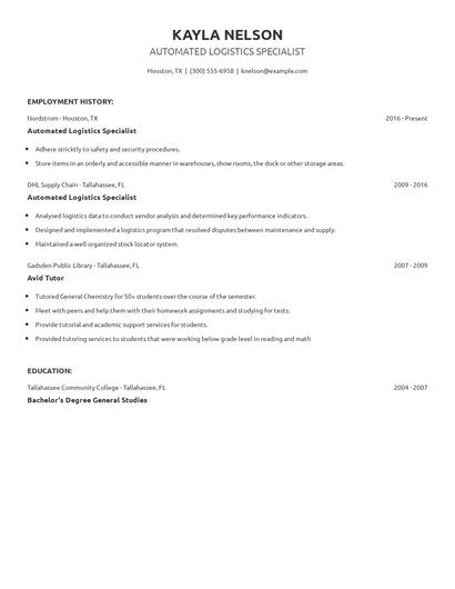 Automated Logistics Specialist Resume