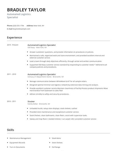 Automated Logistics Specialist Resume