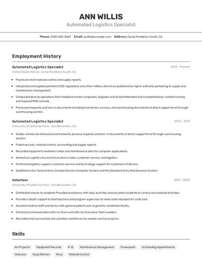 Automated Logistics Specialist Resume