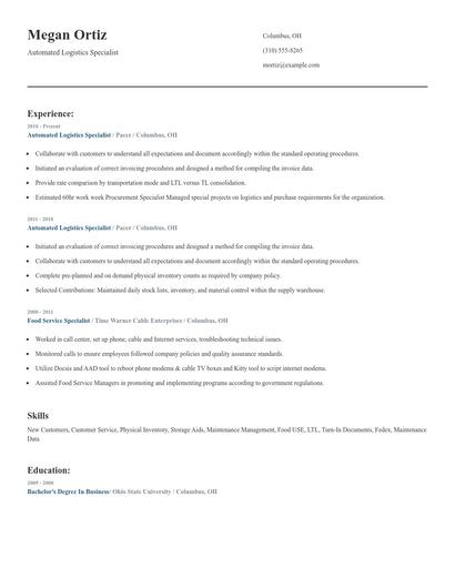 Automated Logistics Specialist Resume