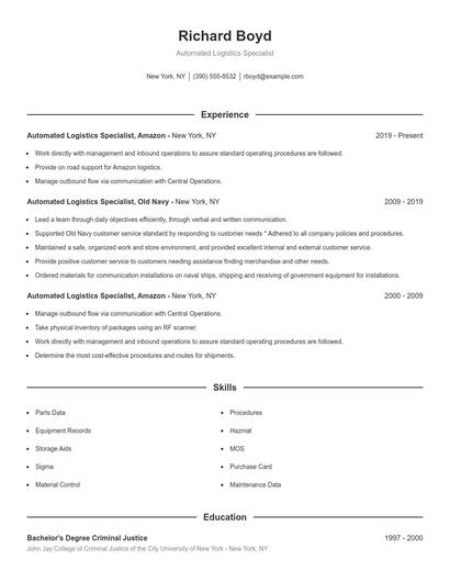 Automated Logistics Specialist Resume