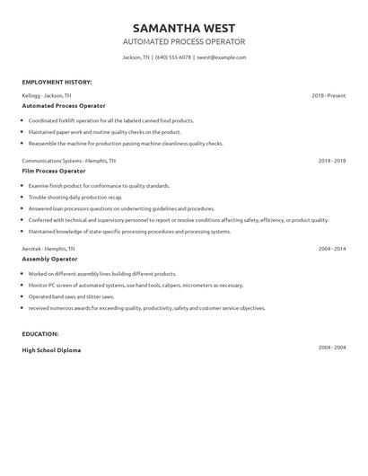 Automated Process Operator Resume